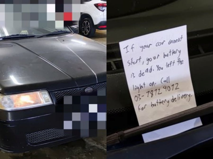 A man’s kind gesture of leaving a note with a car battery delivery service contact number on a couple’s car has been praised by netizens. - Pic credit Twitter/Ooi Beng Cheang