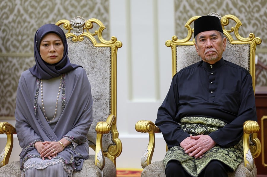 Tun Dr Wan Junaidi Tuanku Jaafar and wife, Datin Seri Fauziah Mohd Sanusi at Balairung Kecil, Istana Negara today. -- BERNAMA PIC
