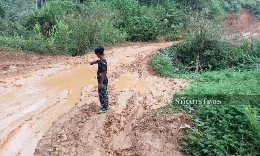 A villager points at the damage caused by the  four-wheel drive vehicles at Pos Bihai. - NSTP/ Paya Linda Yahya 