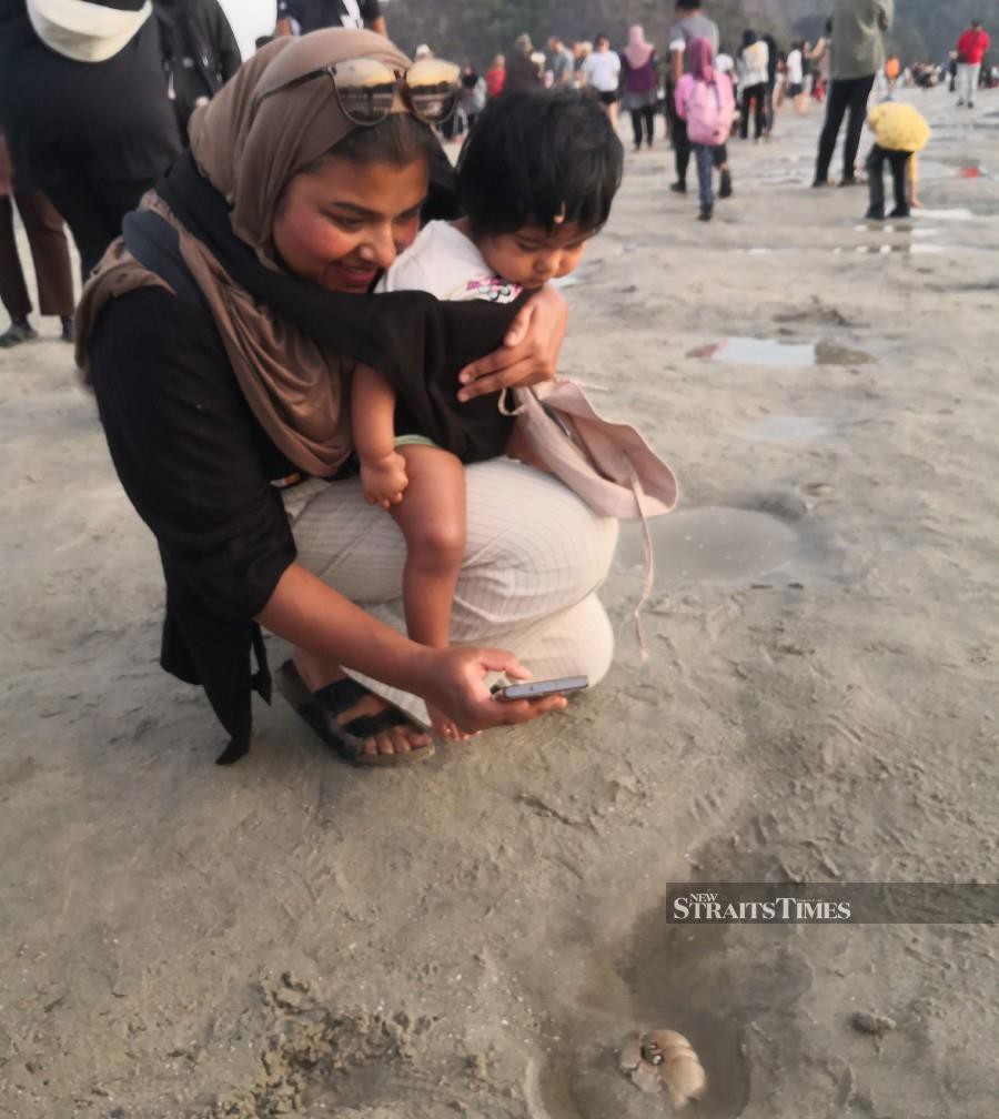 Bilkis and her daughter having a closer look at a crab.