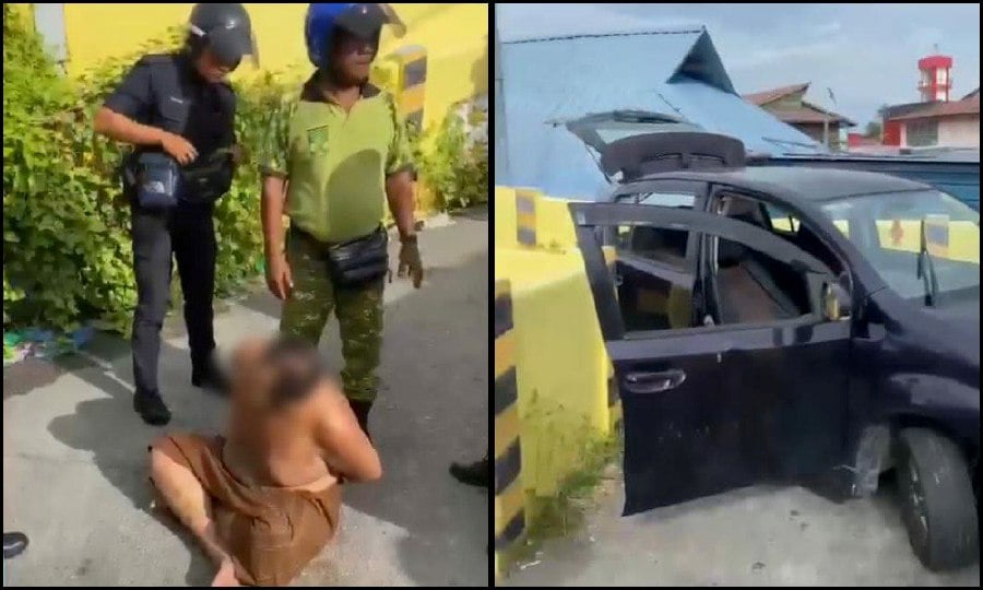 A combo pictures showing policemen arresting the suspect and his car. -- Pics courtesy of Kerian police