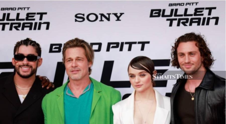 (From left) Singer-actor Bad Bunny, Brad Pitt, Joey King and Aaron Taylor-Johnson attend the Los Angeles premiere of Bullet Train at the Regency Village Theatre in Westwood, California on Aug 1