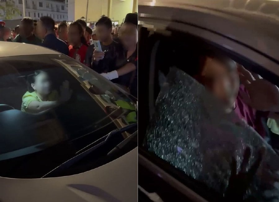 Police have launched an investigation into a chaotic incident that occurred outside Masjid Jamek Sungai Nibong last night, where a car was surrounded by a mob. - Pic credit social media