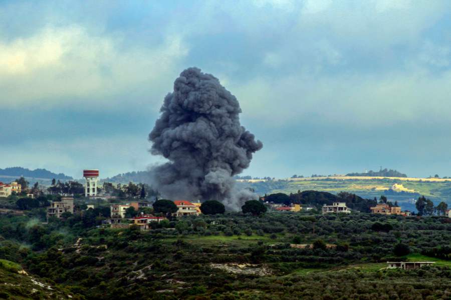 Smoke billows after an Israeli strike on the southern Lebanese border village of Tayr Harfa on April 13, 2024, amid ongoing cross-border tensions as fighting continues between Israel and Hamas fighters in the Gaza Strip. - AFP pic