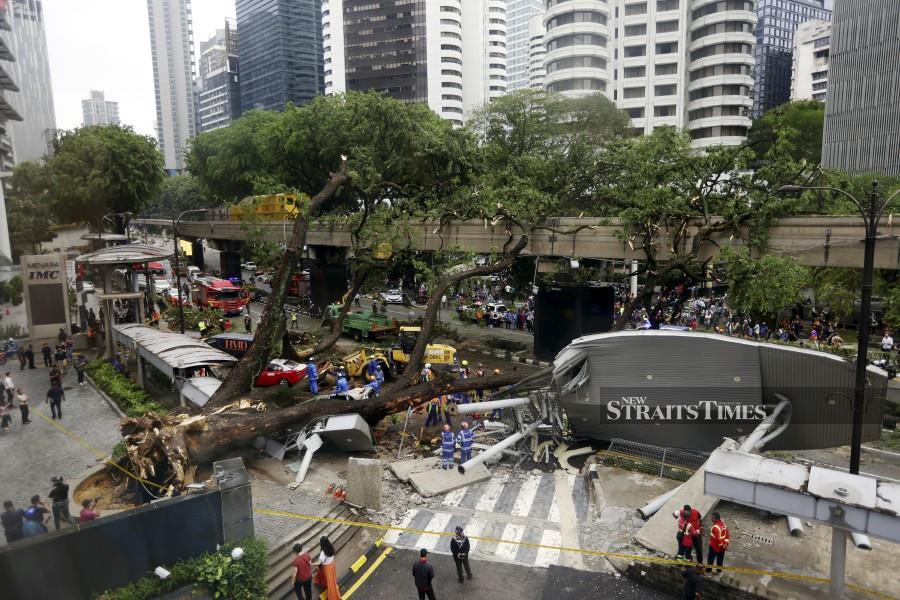The scene where the tree fell on vehicles in Jalan Sultan Ismail, Kuala Lumpur today. NSTP/ASWADI ALIAS