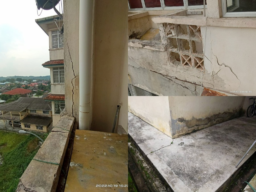 Residents from the Seri Cempaka Flats in Pinggiran Tasik Kiambang, are fearing for their safety after cracks began appearing on the building and it also appeared to be sinking. - Pic credit Facebook Haniza Talha. 