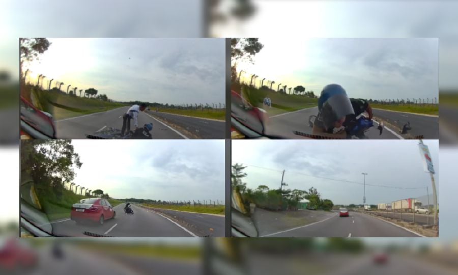 A photo combination made from a viral video, shows the moment the motorcyclist crashing into a car. 
