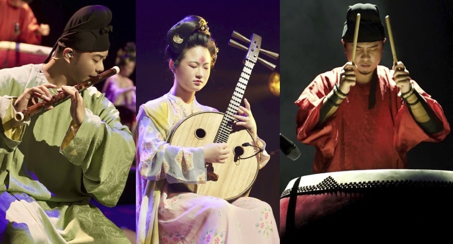 (From left) Flautist Lin Ze Qin, pipa player Wang Mu Yu and percussion master Chen Xi performing rousing renditions of classical Chinese music pieces. - Pix courtesy of Zi De Guqin Studio