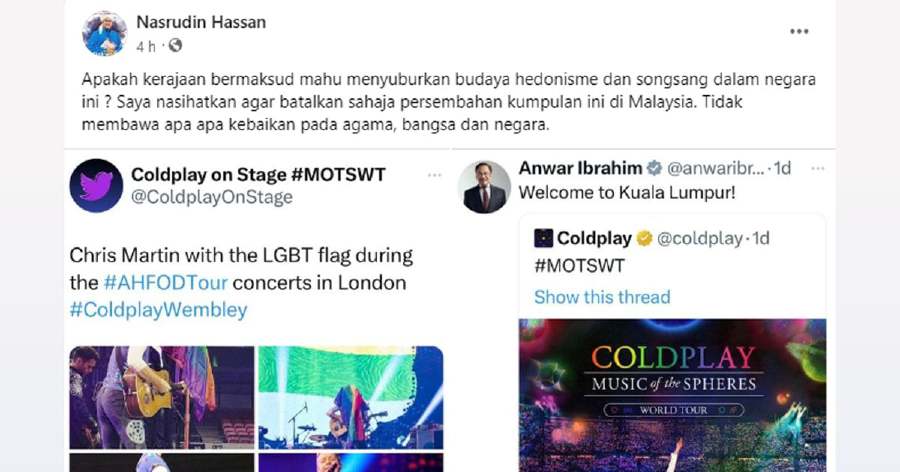 In a Facebook post, Pas central working committee member Nasrudin Hassan queried whether the government's decision to allow the British rock band to perform in the country was a form of hedonism and a promotion of deviant culture in the country. -Screengrab via social media