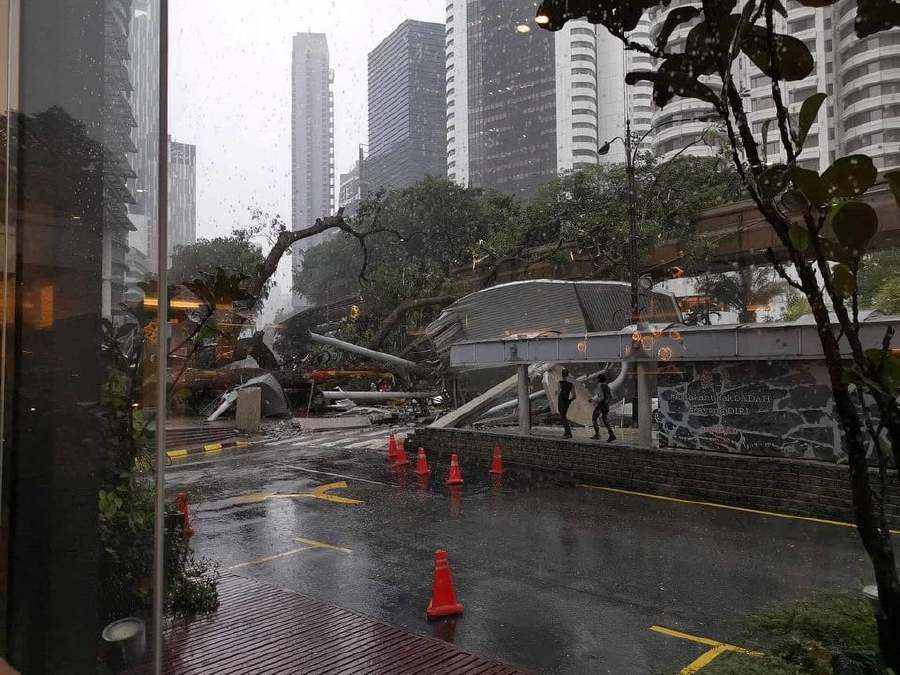 An uprooted tree on Jalan Sultan Ismail smashed into the KL Monorail track and damaged several cars causing major traffic congestion. - Pic credit social media
