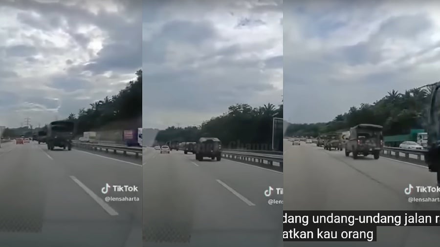 A motorist who appeared to be annoyed by a long military convoy occupying the fastlane on a highway posted a video of the incident, questioning the justification for the convoy's presence in the speed lane. - Screenshot from Social Media