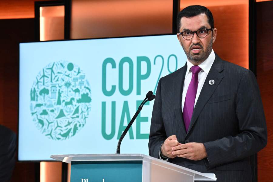 The president of the upcoming COP28 climate change Sultan Ahmed al-Jaber speaks during the Abu Dhabi International Petroleum Exhibition at ADNEC Exhibition Center October 2, 2023. - AFP PIC