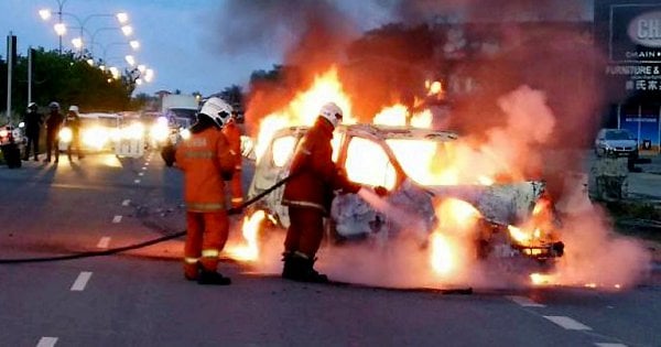 Car crash sets Perodua Alza on fire; narrow escape for 