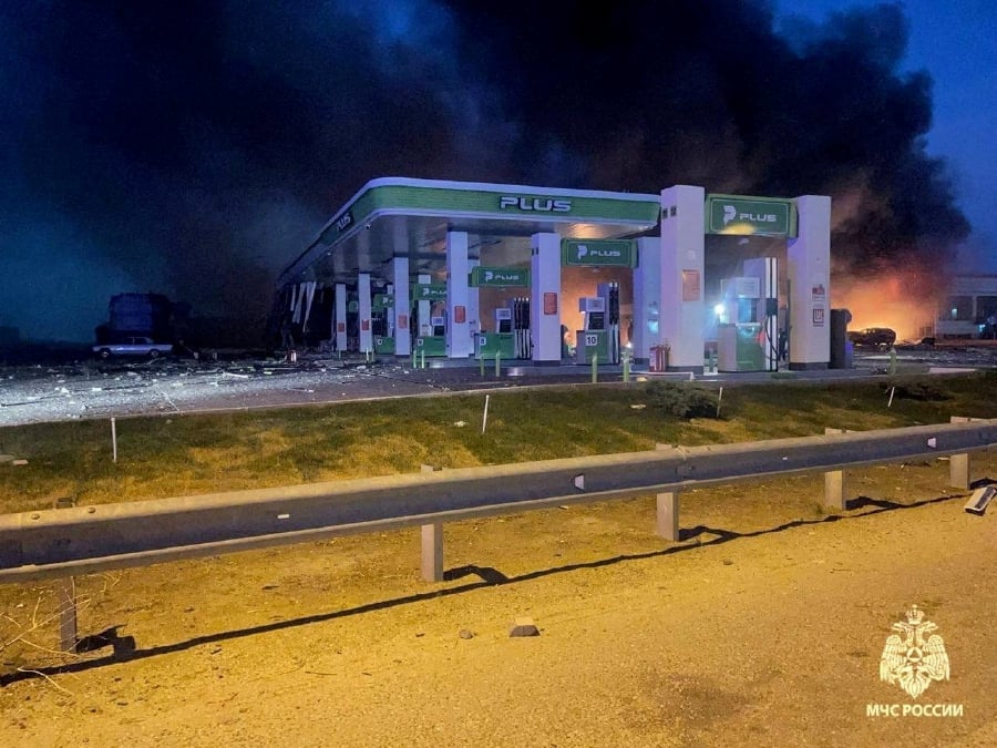 A view shows smoke and fire after an explosion at a fuel station in Makhachkala in the region of Dagestan, Russia on Friday. - REUTERS PIC