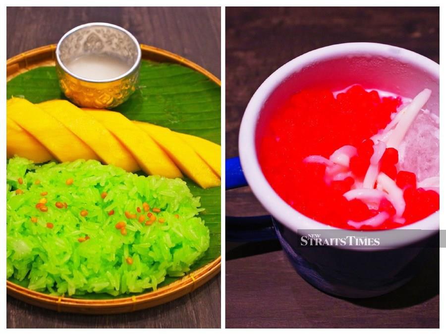 Thai desserts you can’t resist - (left) mango sticky rice and salted coconut sauce and ruby water chestnut in with smoked coconut syrup and coconut granita juice.