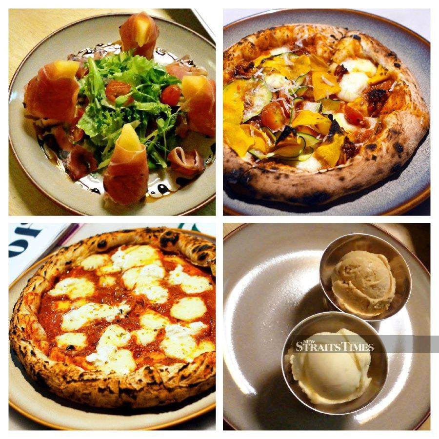Proof isn’t just about pizza. From top left: Proscuitto and Melon Salad, Spicy Chorizo Pizza, Vanilla and Salted Caramel Gelato and Margherita pizza 
