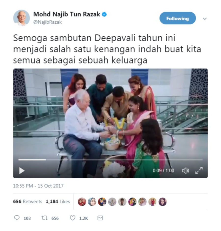 (File pix) Prime Minister Datuk Seri Najib Razak expressed his wish that this year’s Festival of Light be a memorable one for all communities. Pix from @NajibRazak Twitter account