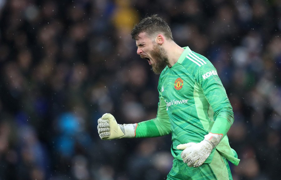 Manchester United's David de Gea reacts during the match against Leeds United at Ellandi Road, Leeds on February 20, 2022. - REUTERS PIC 