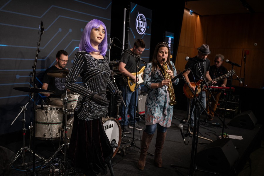 AI robot frontwoman "Desdemona" by Hanson Robotics performs during the world's largest gathering of humanoid AI Robots as part of International Telecommunication Union (ITU) AI for Good Global Summit in Geneva. - AFP PIC
