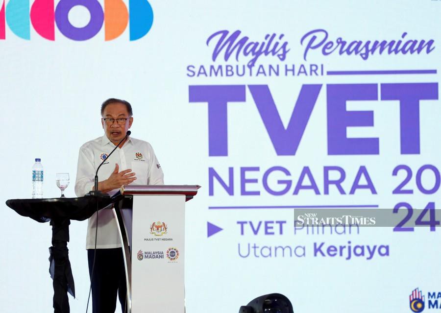 Prime Minister Datuk Seri Anwar Ibrahim delivers his speech to officiate the National Vocational Technical Education and Training (TVET) Day 2024 at the Industrial Training Institute (ILP) Kuala Langat in Banting, today. Bernama pic