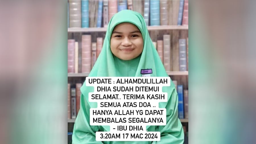 Siti Dhia Batrisyia Mohd Chairil Anuar was found safe. 