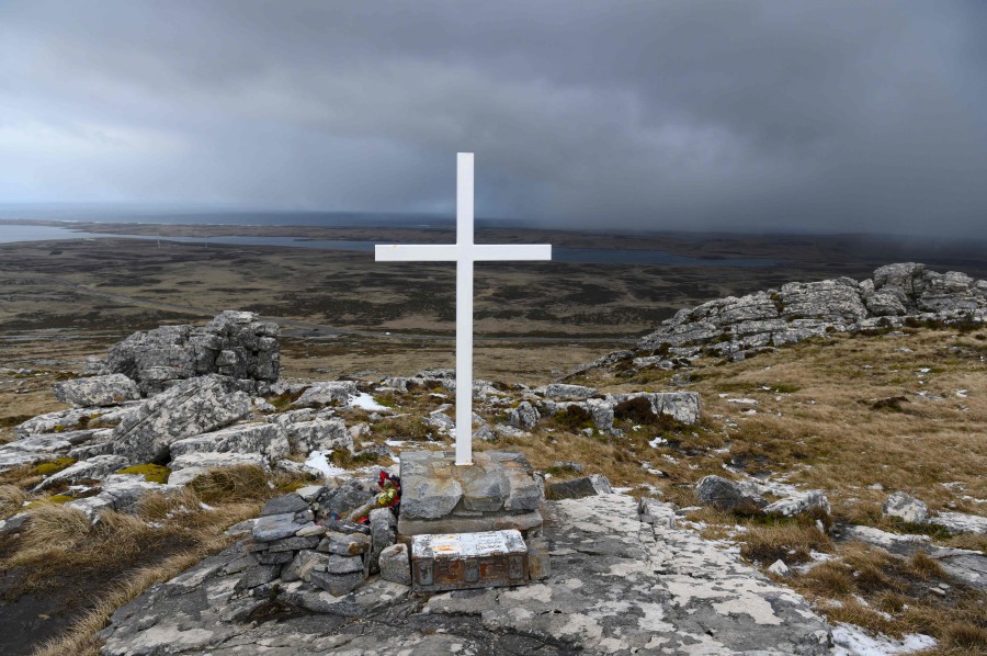 In this file photo taken on October 8, 2019 a memorial is seen on Mount Harriet, the scene of fighting against invading Argentine soldiers during the 1982 Falklands War, in the Falkland Islands (Malvinas), a remote British overseas territory in the south Atlantic, during a visit by British veterans. - AFP PIC