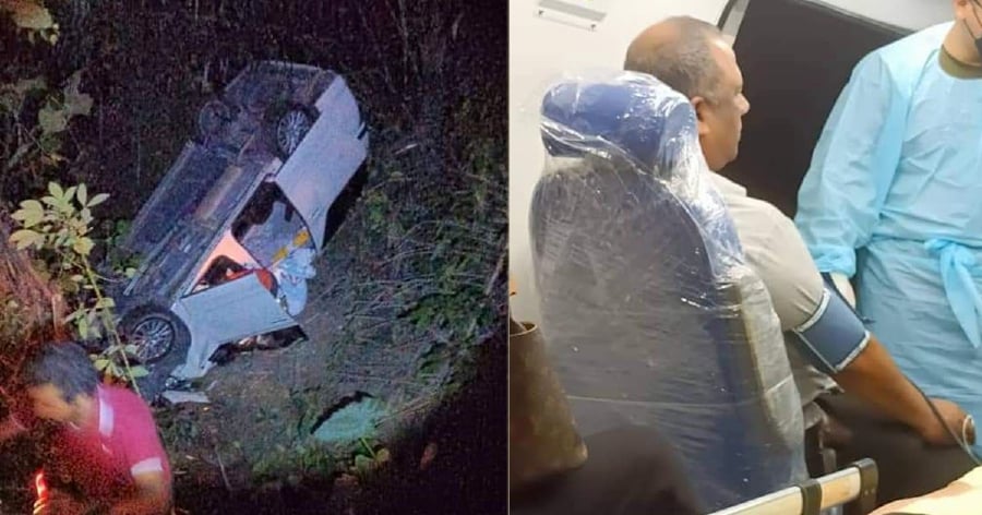 Sri Pahang FC team manager Dollah Salleh and seven of his family members were involved in a road crash after the vehicle they were traveling in skidded at Kilometre 8 of Jalan Kuala Pilah-Batu Kikir last night. - Pic courtesy of NST reader