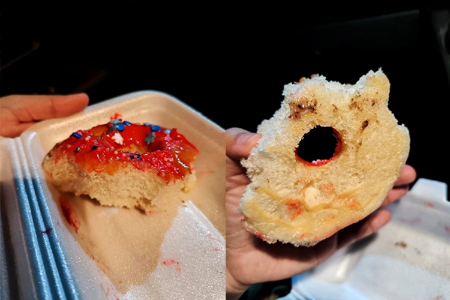 A woman was left frustrated after discovering the doughnuts she bought from a Bachok vendor were just ‘burger buns dipped in icing with a hole in the middle’. - Pic from Facebook