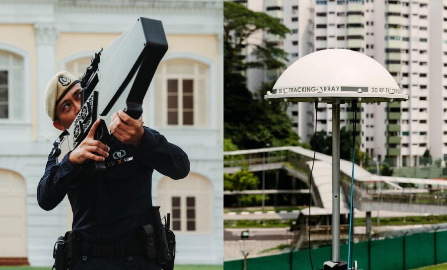 Singaporean Police Force (SPF) handheld drone jamming system is its counter-drone arsenal, designed to detect, track, and neutralise malicious drones. Pic Courtesy of Singapore Police Force Facebook.
