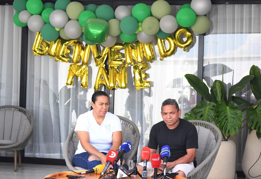 Luis Manuel Diaz and Cilenis Marulanda, parents of Liverpool's forward Luis Diaz, give a press conference at their house in Barrancas, Colombia. - AFP PIC