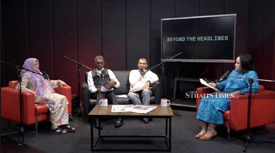 From left: Associate Professor Dr Geshina Ayu Mat Saat, CR Selva Chinniah and Adrian Pereira speaking during the Beyond the Headlines podcast at Balai Berita in Bangsar. With them is the podcast’s host Hazween Hassan.