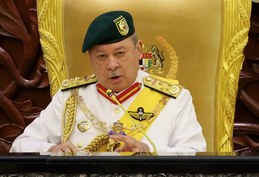 His Majesty Sultan Ibrahim, King of Malaysia delivers his royal address during the opening of the First Meeting of the Third Session of the 15th Parliament in Dewan Rakyat. - BERNAMA PIC
