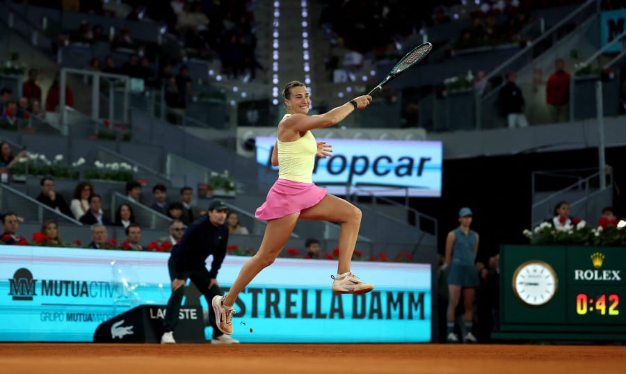 Belarus' Aryna Sabalenka returns the ball to Russia's Mirra Andreeva during the 2024 WTA Tour Madrid Open tournament quarter-final tennis match at Caja Magica in Madrid. - AFP PIC