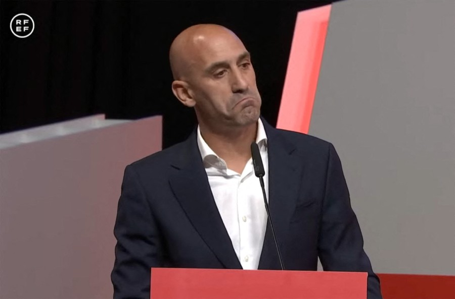 In this video grab obtained from a live broadcast on the Spanish Royal Football Federation (RFEF) website, RFEF President Luis Rubiales delivers a speech during an extraordinary general assembly of the federation on August 25, 2023 in Las Rozas de Madrid. -AFP PIC