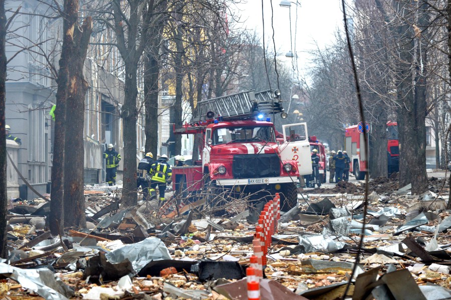 Firefighters work to contain a fire in the complex of buildings housing the Kharkiv regional SBU security service and the regional police, allegedly hit during recent shelling by Russia, in Kharkiv. - AFP PIC