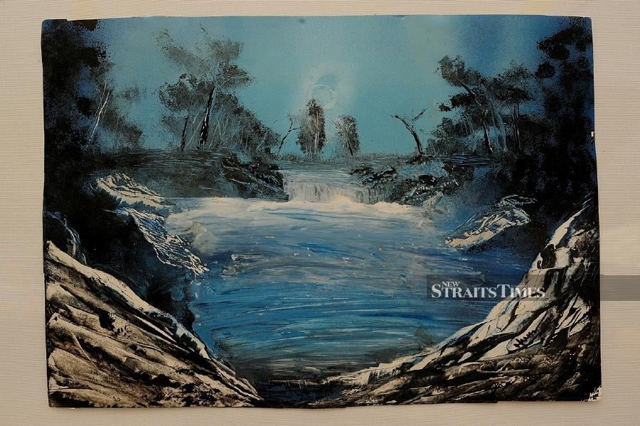  Malcolm Fernandez 'Blue Moon River' (2013); Spray paint on gloss paper.