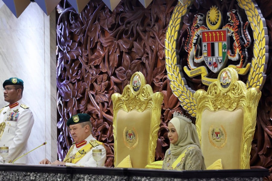  His Majesty Sultan Ibrahim, King of Malaysia delivers his royal address during the official opening of the First Meeting of the Third Session of the 15th Parliament, in Dewan Rakyat, today. Also present is Her Majesty Raja Zarith Sofiah, Queen of Malaysia. - BERNAMA PIC