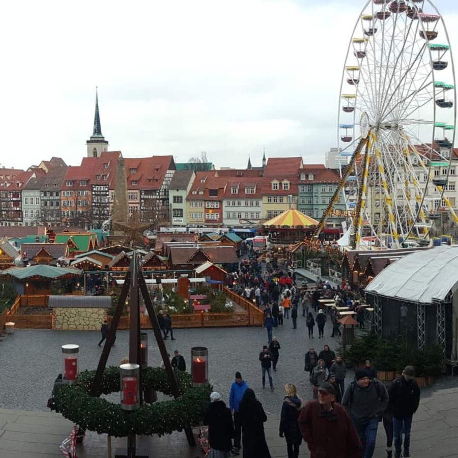Christmas Market in Erfurt is made beautiful by the surrounding medieval town houses.
