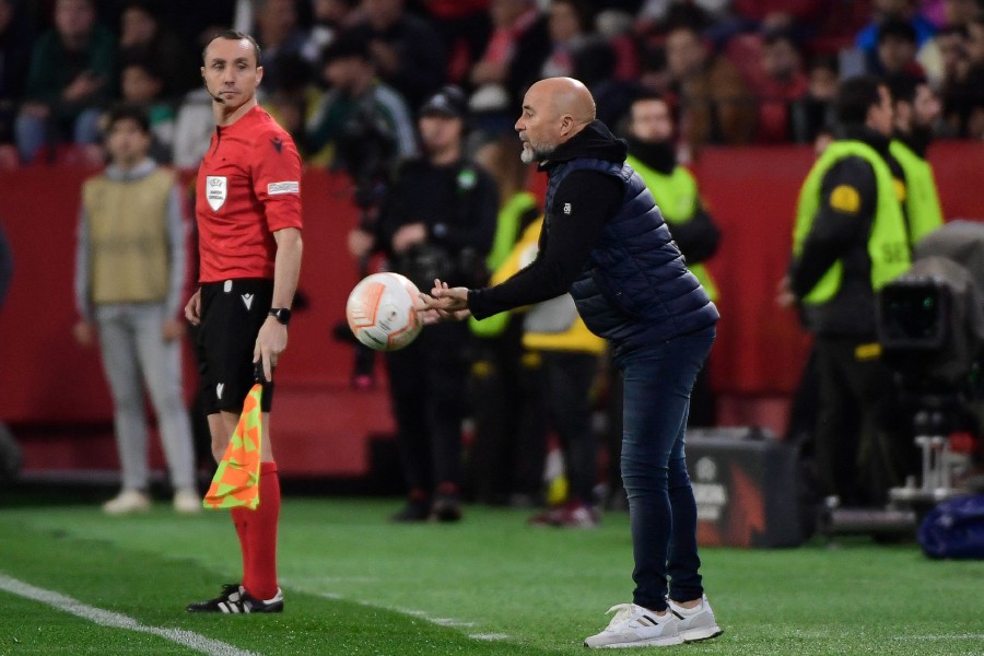 In this file photo taken on March 9, 2023 Sevilla's Argentinian coach Jorge Sampaoli passes the ball during the UEFA Europa League last 16 first leg football match between Sevilla FC and Fenerbahce SK at the Ramon Sanchez-Pizjuan stadium in Seville. -AFP PIC
