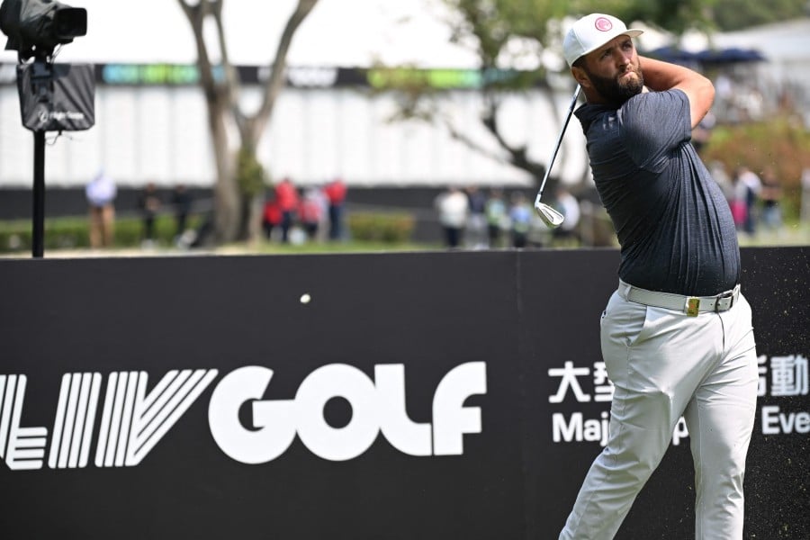 LIV team Legion XIII GC captain Jon Rahm tees off at the fourth during the LIV Golf tournament at Fanling Golf Cub in Hong Kong on March 8, 2024. - AFP PIC