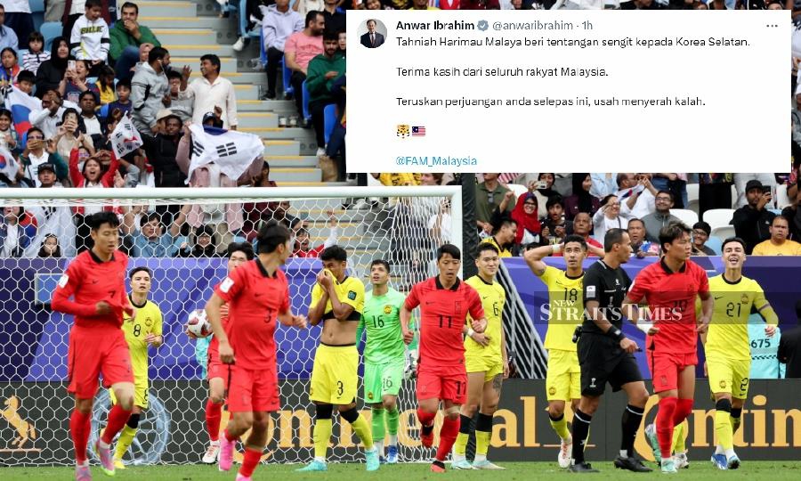 Harimau Malaya and South Korea players react during the match at Al-Janoub Stadium in al-Wakrah. -NSTP/HAIRUL ANUAR RAHIM. (Inset) Prime Minister Datuk Seri Anwar Ibrahim X posting. 