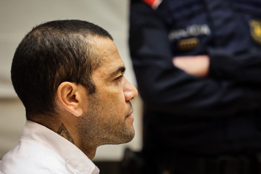  Brazilian footballer Dani Alves looks on at the start of his trial at the High Court of Justice of Catalonia in Barcelona, on February 5, 2024. -AFP PIC