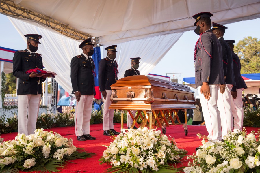 Police officers guard the coffin with the body of President Jovenel Moise during the start of his funeral ceremony in Cap-Haitien, Haiti. - EPA Pic