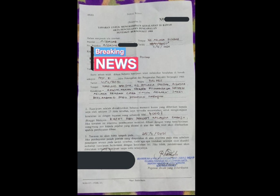 In a tweet today, Fahmi posted the RM4,000 compound notice which stated: "Carrying (out) Melaka state election campaign by having the candidate wearing a jacket with the Pakatan Harapan insignia." - Pic credit Twitter @Fahmi_Fadzil 