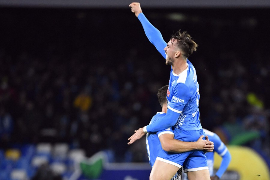 Napoli's Fabian Ruiz (R) is congratulated by teammates after scoring a goal against Lazio at Diego Armando Maradona stadium in Naples. - AFP PIC
