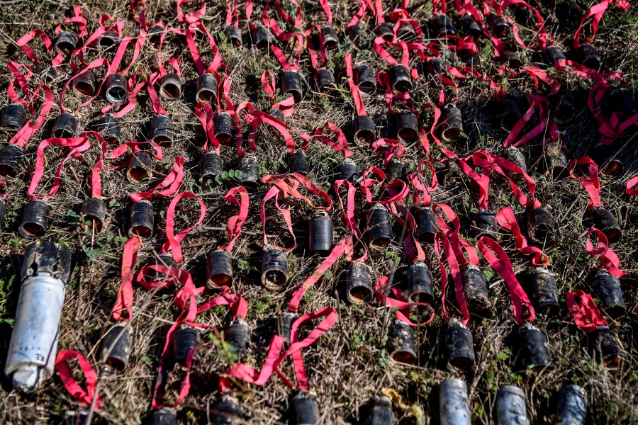 Unexploded cluster bombs collected by members of a sapper group of the Karabakh Ministry of Emergency Situations are seen on the outskirts of Stepanakert. - AFP pic