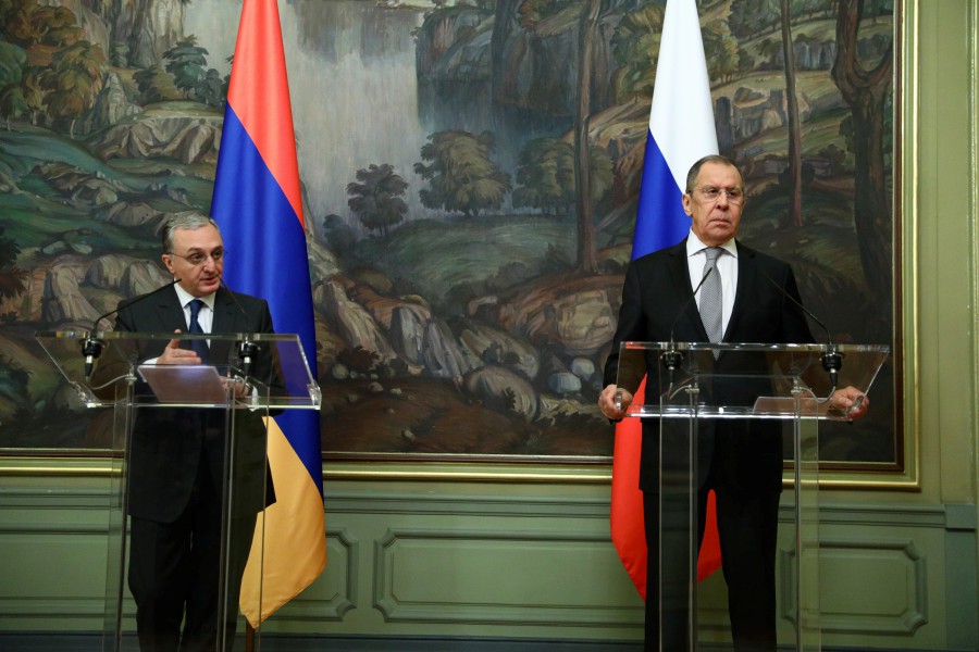 A handout photo made available by the Russian Foreign Affairs Ministry shows Russian Foreign Minister Sergei Lavrov (R) and Armenian Foreign Minister Zohrab Mnatsakanyan (L) during a joint news conference following their talks in Moscow, Russia. - EPA/Russian Foreign Affairs Ministry / Handout