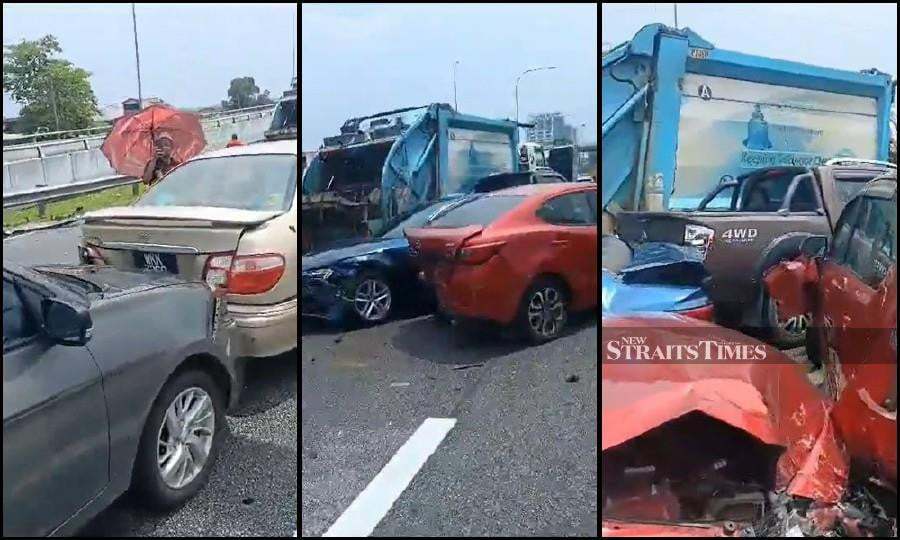 The driver of a garbage truck claims to have had brake problems before he lost control of the heavy vehicle which rammed into 14 cars along the Federal Highway yesterday. - Screengrab via social media