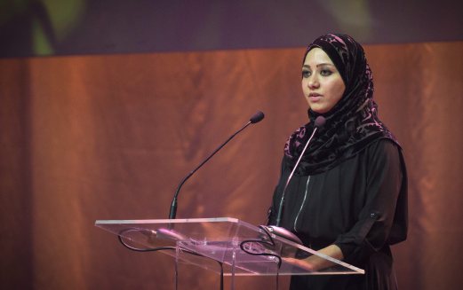 Asmaa Aljuned, the widow of the plane’s co-pilot Ahmad Hakimi speaks during a commemoration ceremony in Nieuwegein, near the central city of Utrecht, Netherlands, Friday, July 17, 2015. Relatives of the 298 people killed when Malaysia Airlines Flight 17 was brought down July 17 last year over war-torn eastern Ukraine are meeting Friday afternoon to commemorate the first anniversary of the MH17 disaster. AP Photo.
