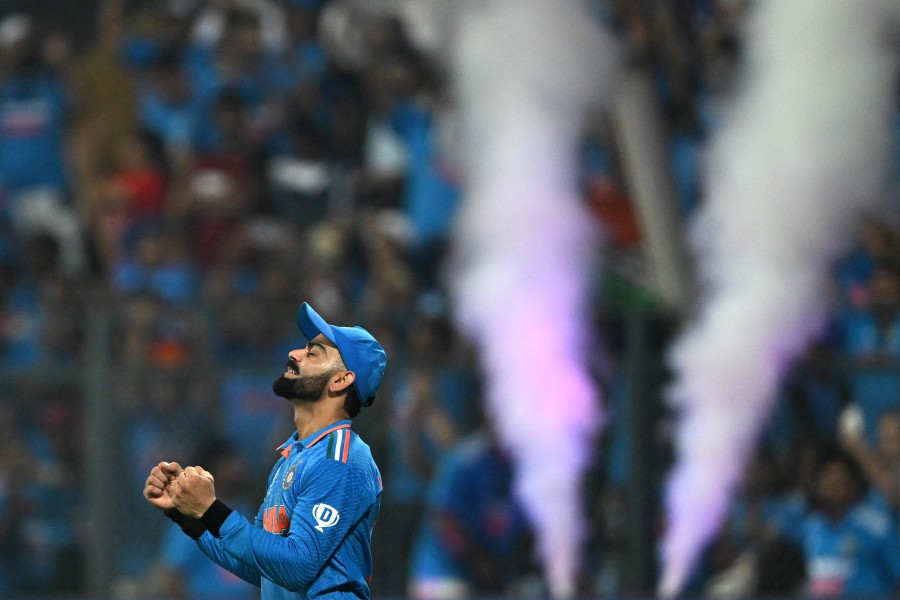 India's Virat Kohli celebrates his team's victory at the end of the 2023 ICC Men's Cricket World Cup one-day international (ODI) first semi-final match between India and New Zealand at the Wankhede Stadium in Mumbai. - AFP PIC